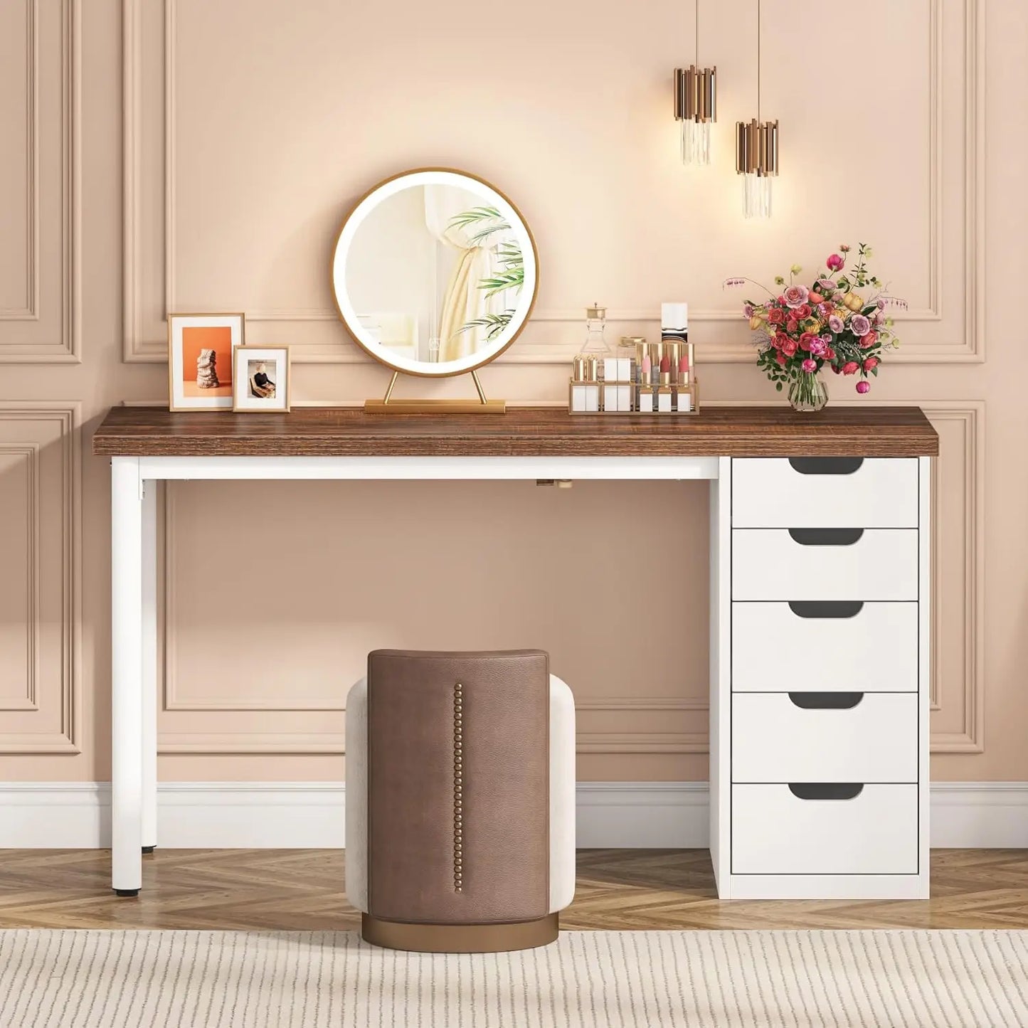 Vanity Desk With 3 Drawers Dressing Table For Bedroom Wood