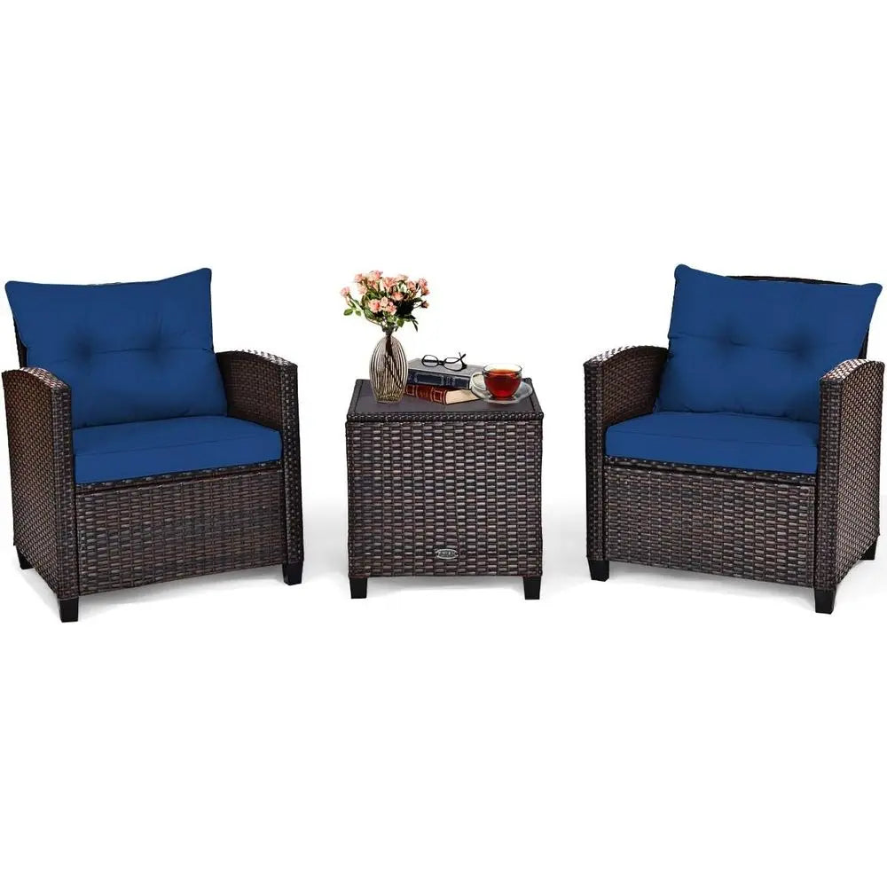 Three-Piece Outdoor Furniture Set With Washable Cushions And Glass Top
