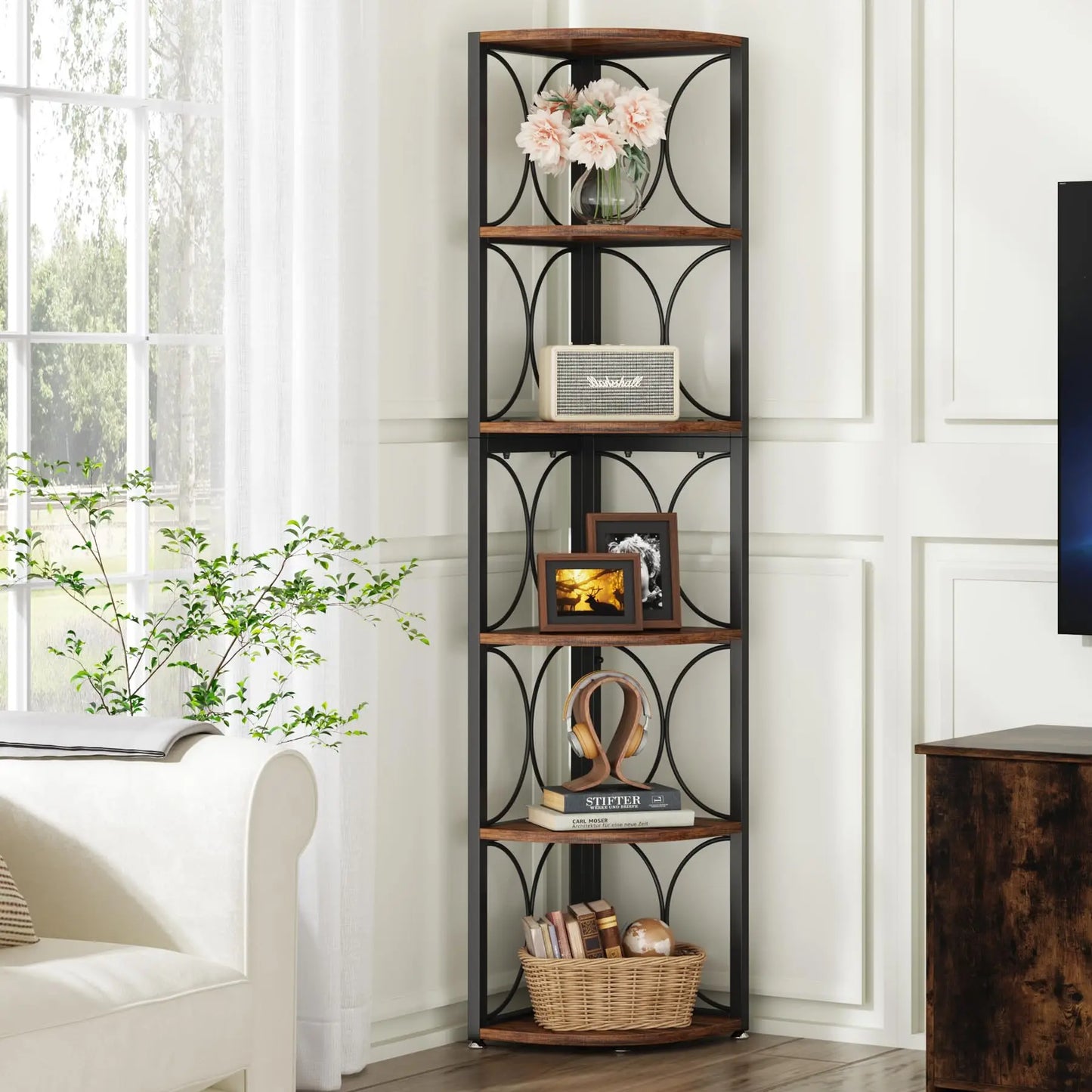 Tribesigns Six Shelf Corner Bookcase Rustic Storage