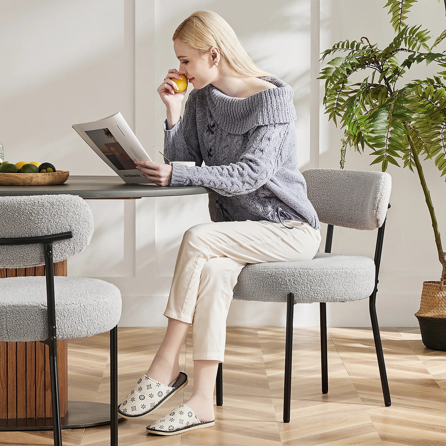 JHK Ergonomic Round Dining Chairs Set Of 2 Plush Fabric With Metal Legs