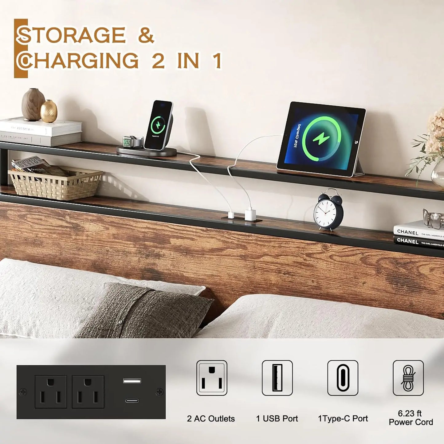 Bed Frame With USB Charging Station And Storage Headboard