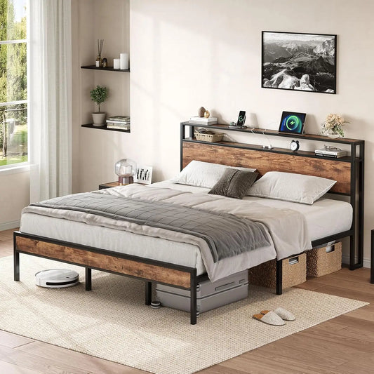 Bed Frame With USB Charging Station And Storage Headboard