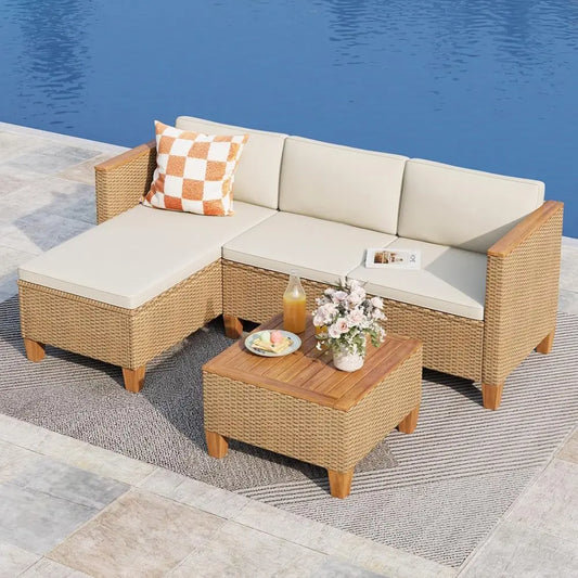 3 Piece Outdoor Patio Furniture Set LShaped Rattan Sofa Acacia Wood Coffee Table