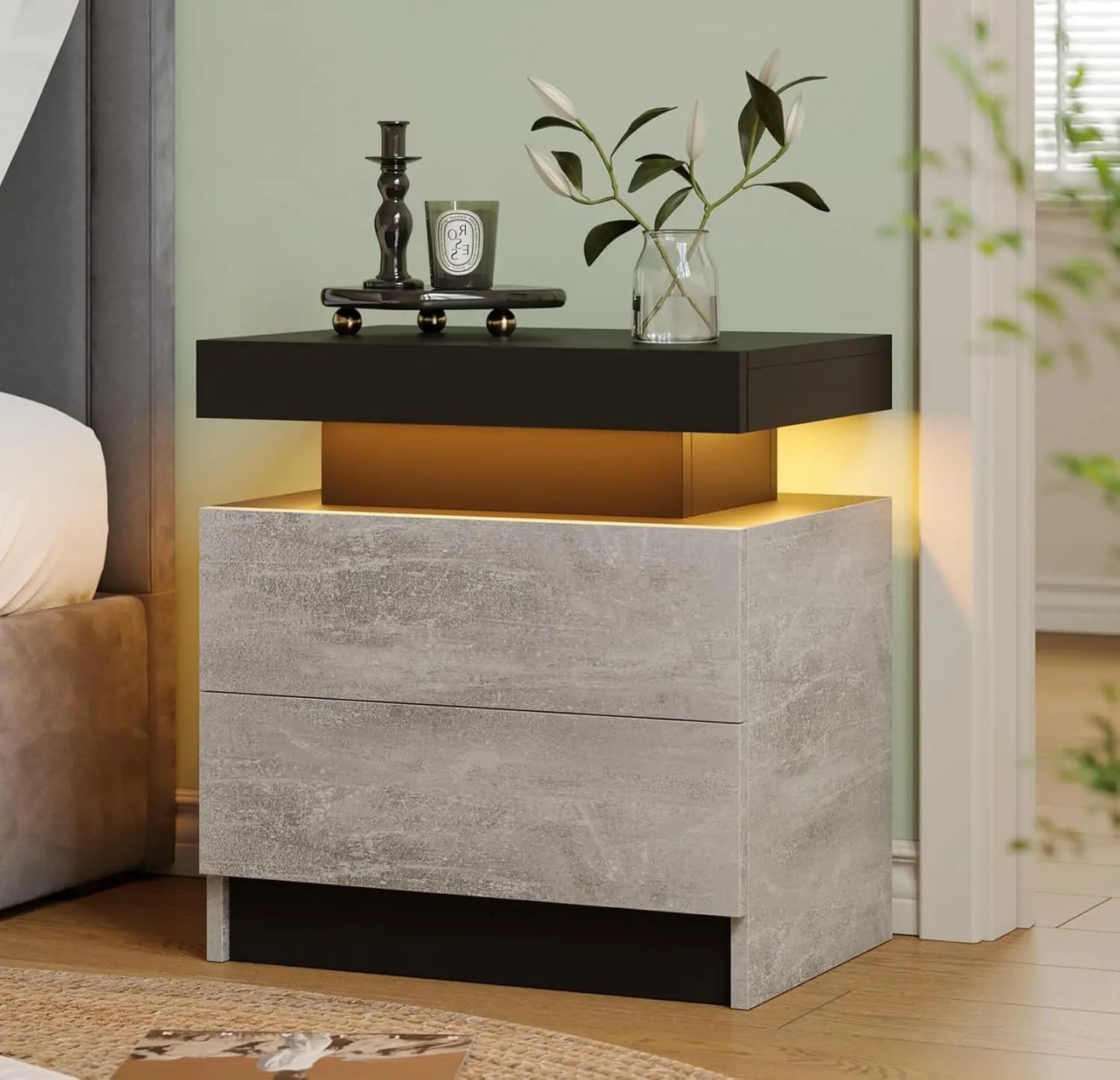 Modern White LED Nightstand With Two Wood Drawers Bedside Table