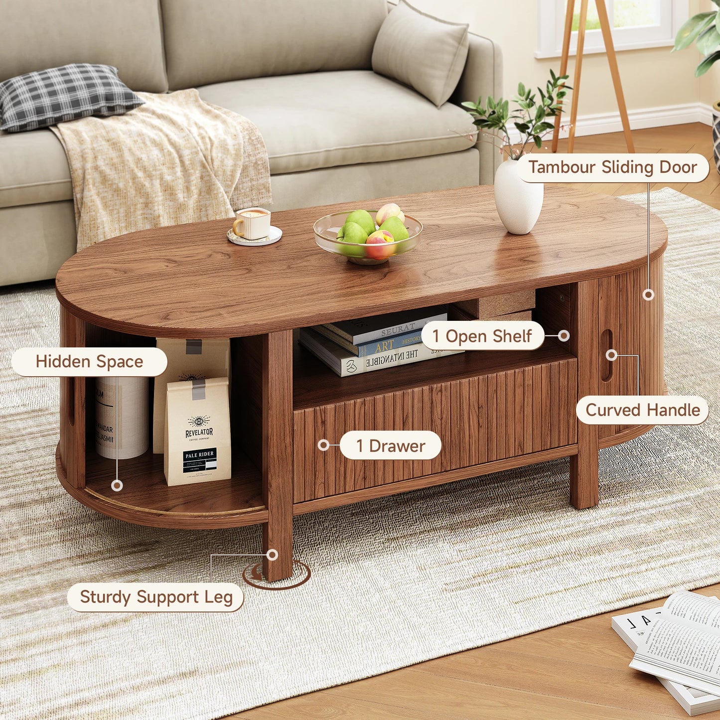 Oval Coffee Table With Storage And Sliding Cabinet Doors