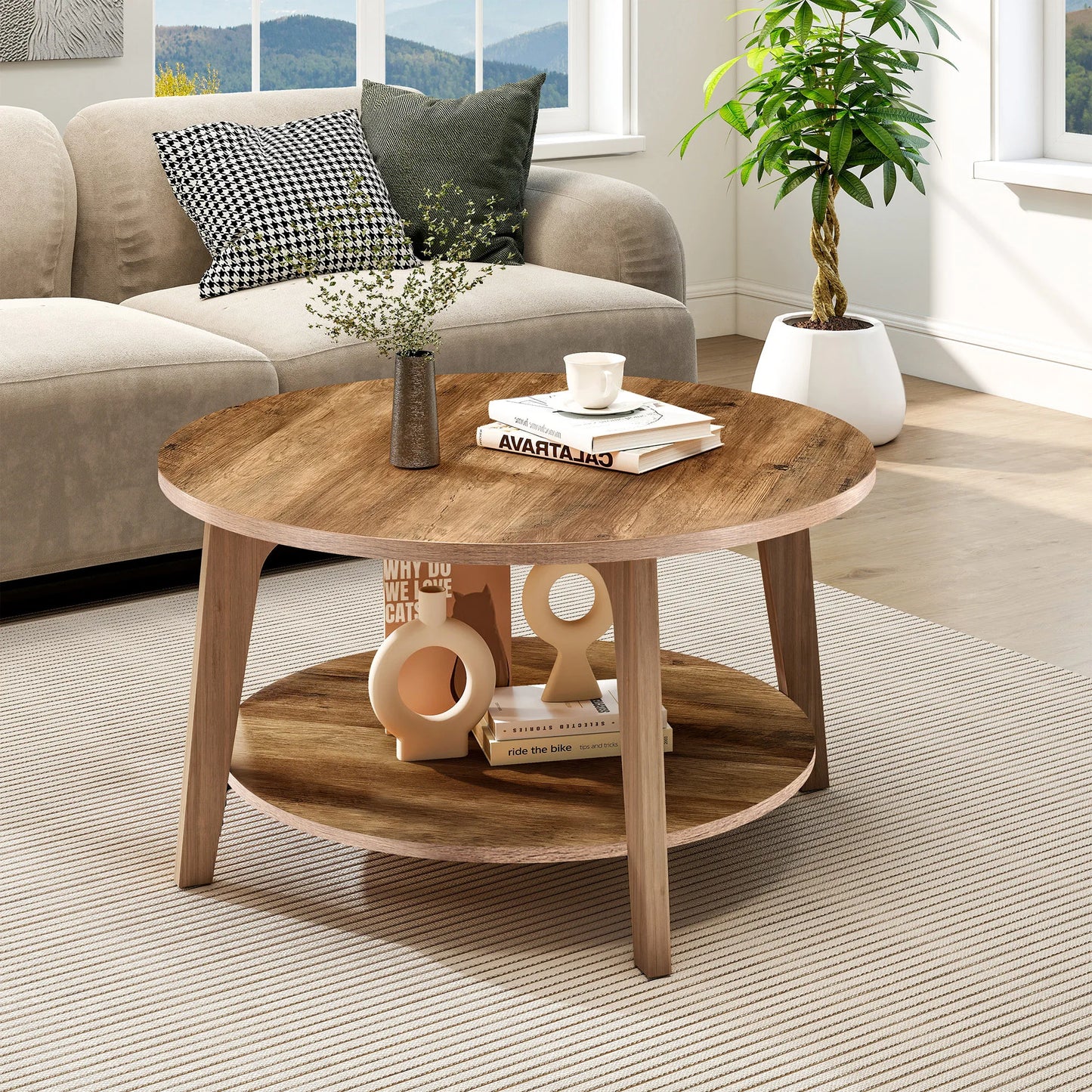 JHK 32IN Wood Round Coffee Table For Living Room 2-Tier Center Counter with Storage 50 lbs Capacity Anti-Slip Feet Modern Design