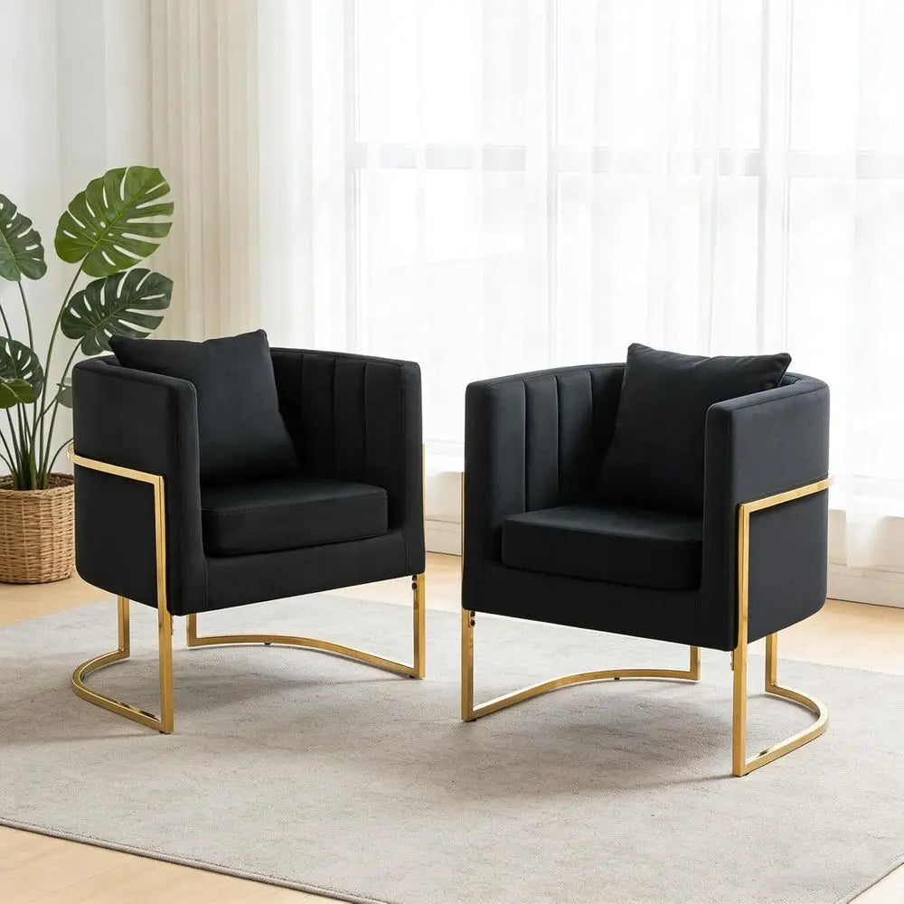 Mid Century Inspired Velvet Barrel Chairs Pair With Gold Legs