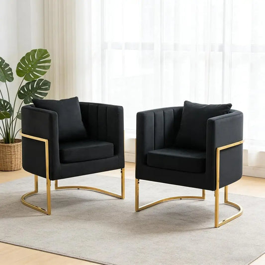 Mid Century Inspired Velvet Barrel Chairs Pair With Gold Legs