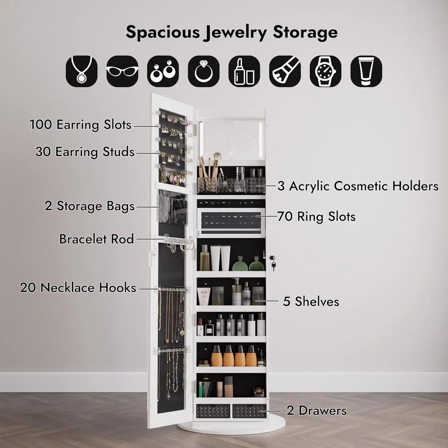 MOYU LED Mirror Jewelry Armoire Swivel Cabinet With Interior Lights