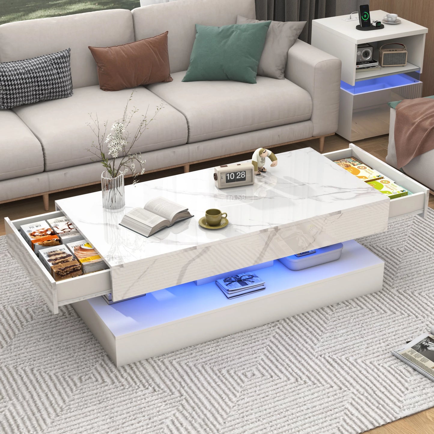 QiaoShiRen Modern LED Coffee Table With Two Storage Drawers