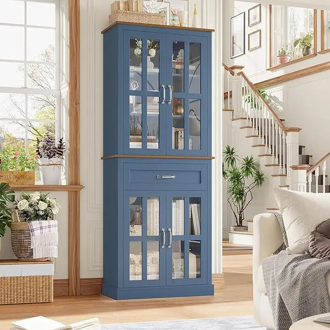 Tall Kitchen Cabinet With Glass Doors And Drawer Storage