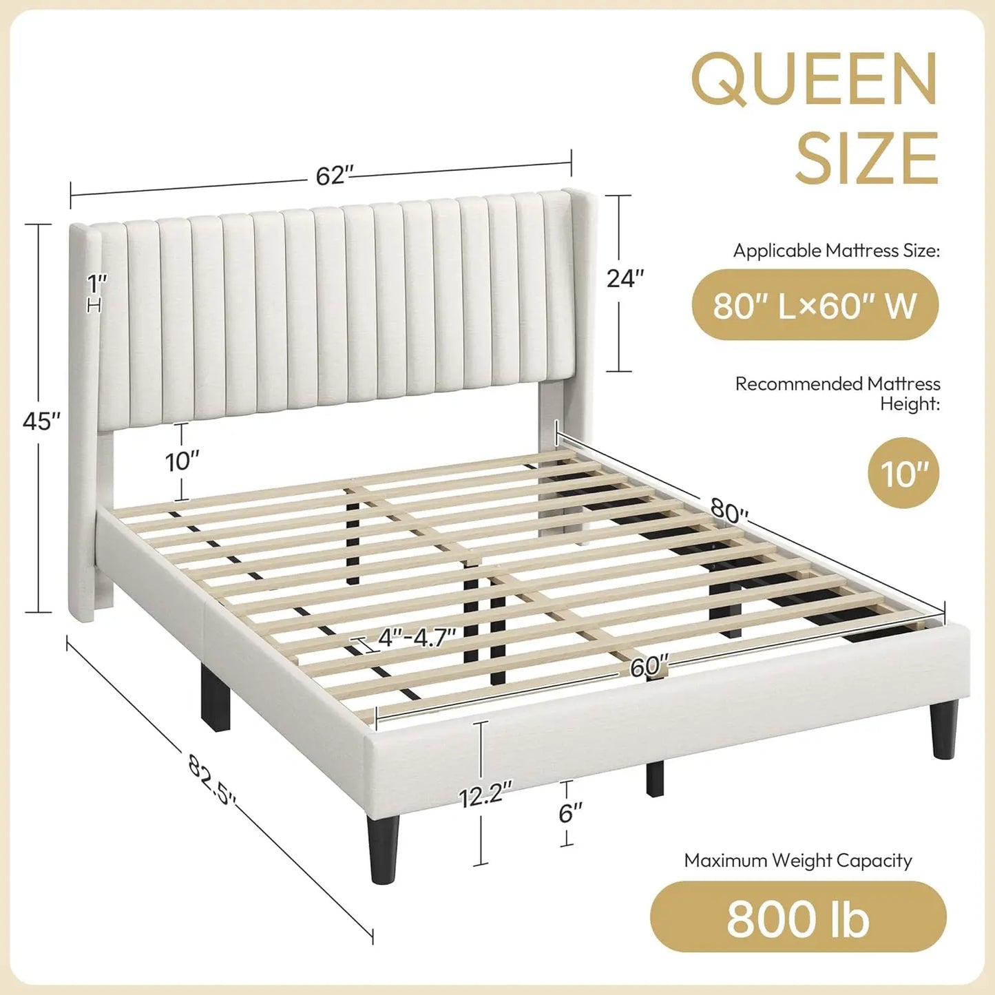 Upholstered Platform Bed Frame With Fabric Headboard Wood Non Slip