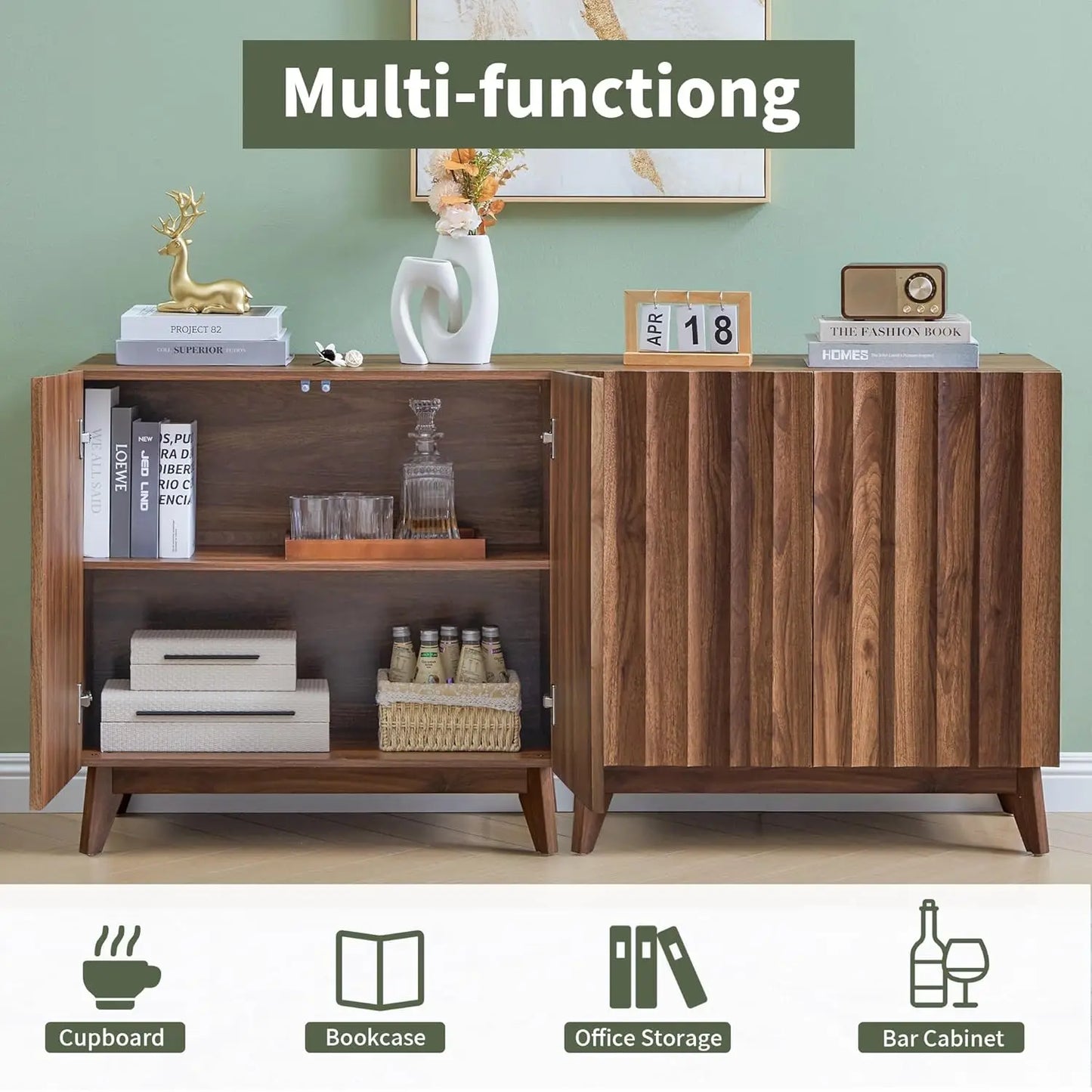 Fluted Mid Century Sideboard Buffet Cabinet With Adjustable Shelves