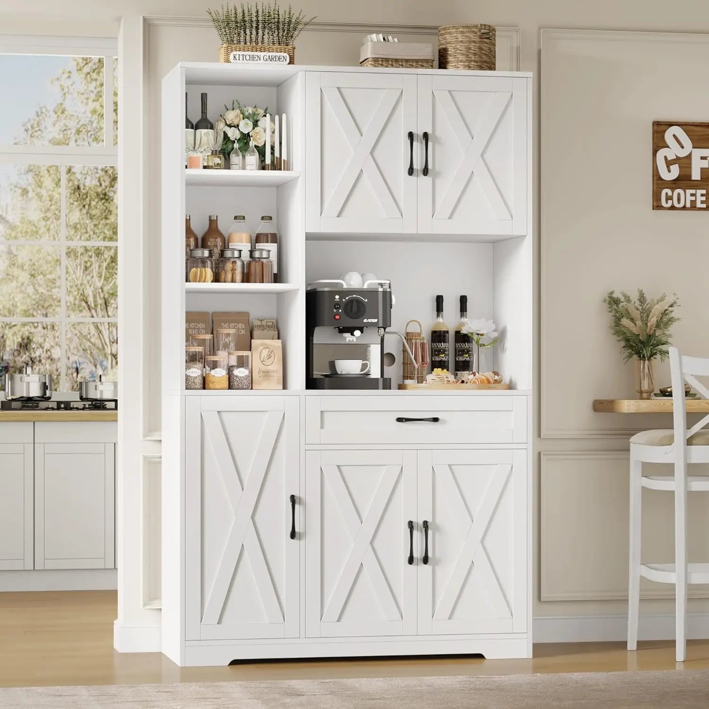 Farmhouse Pantry Cabinet With Barn Doors Microwave Stand Kitchen