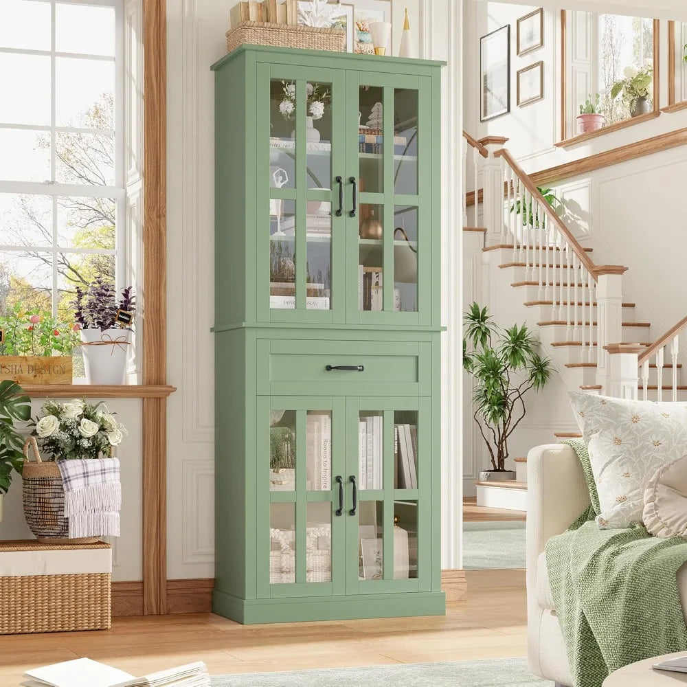 Tall Kitchen Cabinet With Glass Doors And Drawer Storage