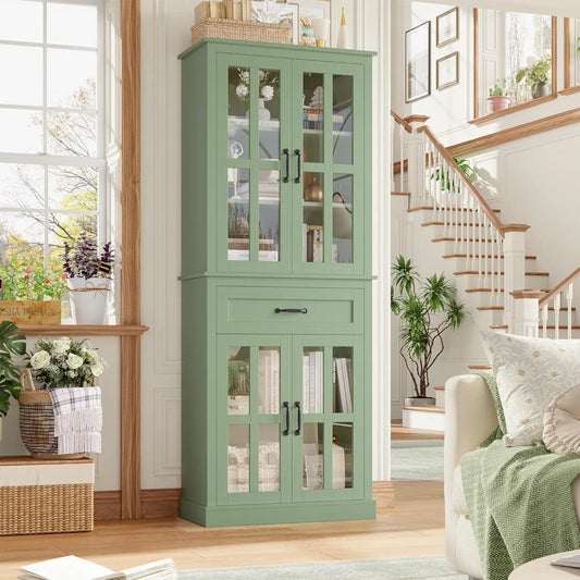 Tall Kitchen Cabinet With Glass Doors And Drawer Storage
