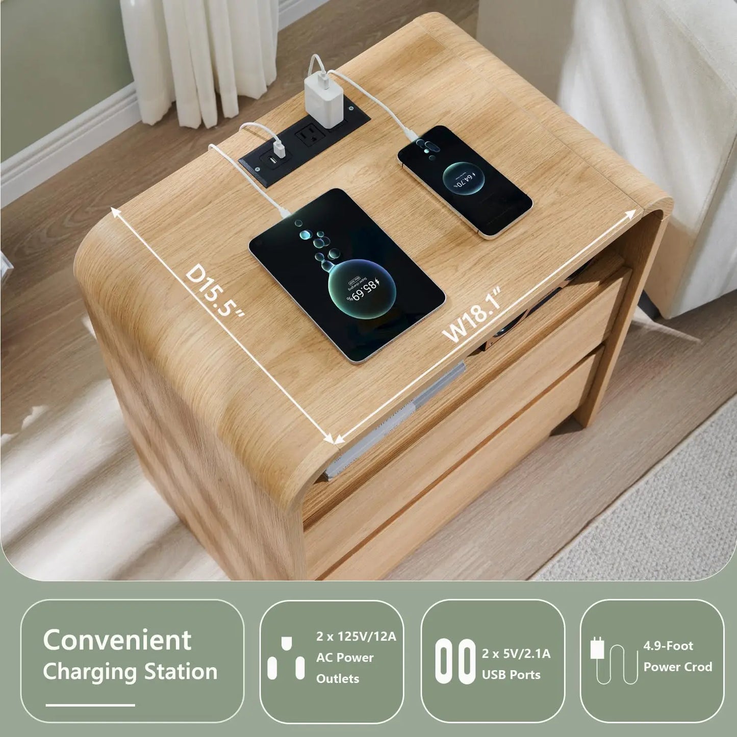 Modern Wood Nightstands With Charging Station And Two Drawers