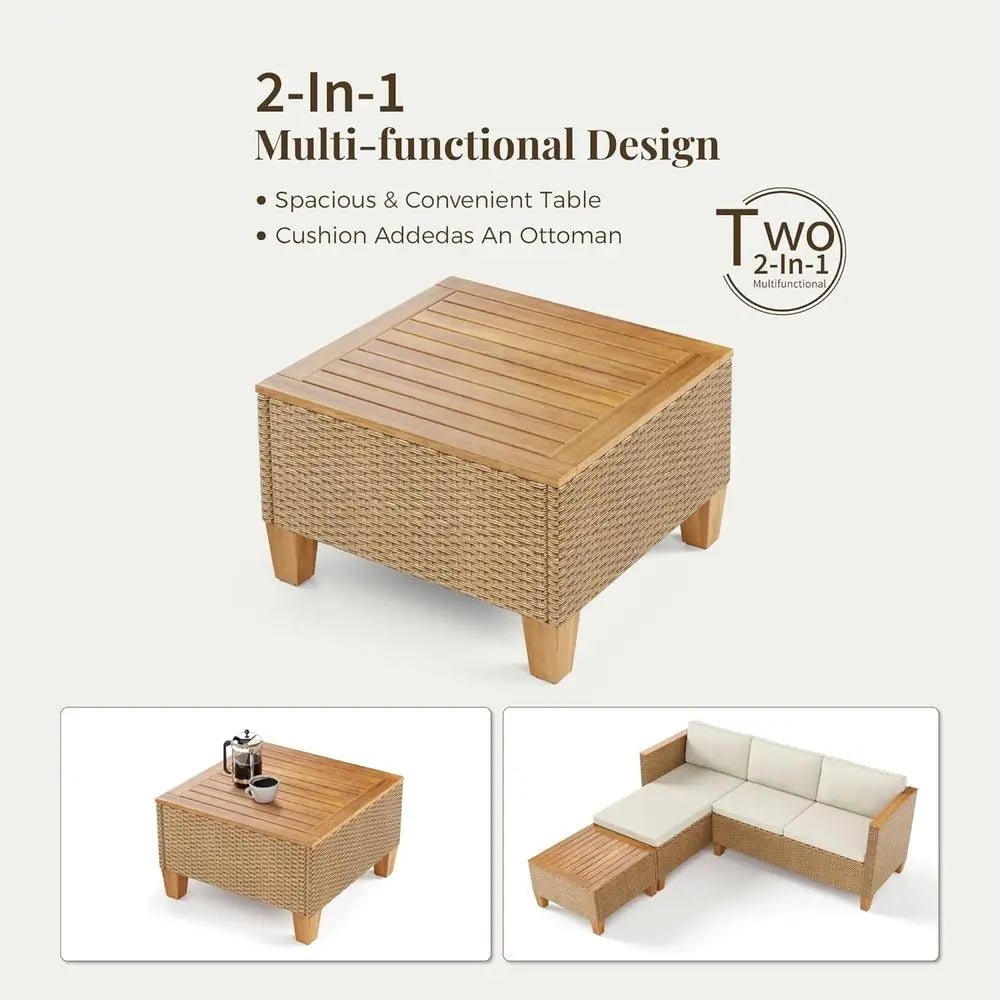 3 Piece Outdoor Patio Furniture Set LShaped Rattan Sofa Acacia Wood Coffee Table