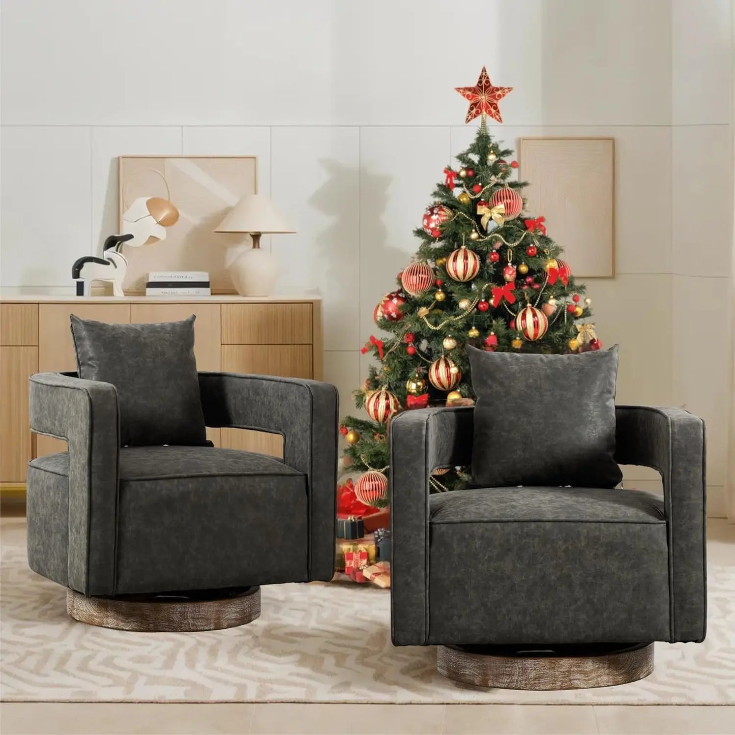 Upholstered Open Back Linen Barrel Chairs Set of 2 for Living Room