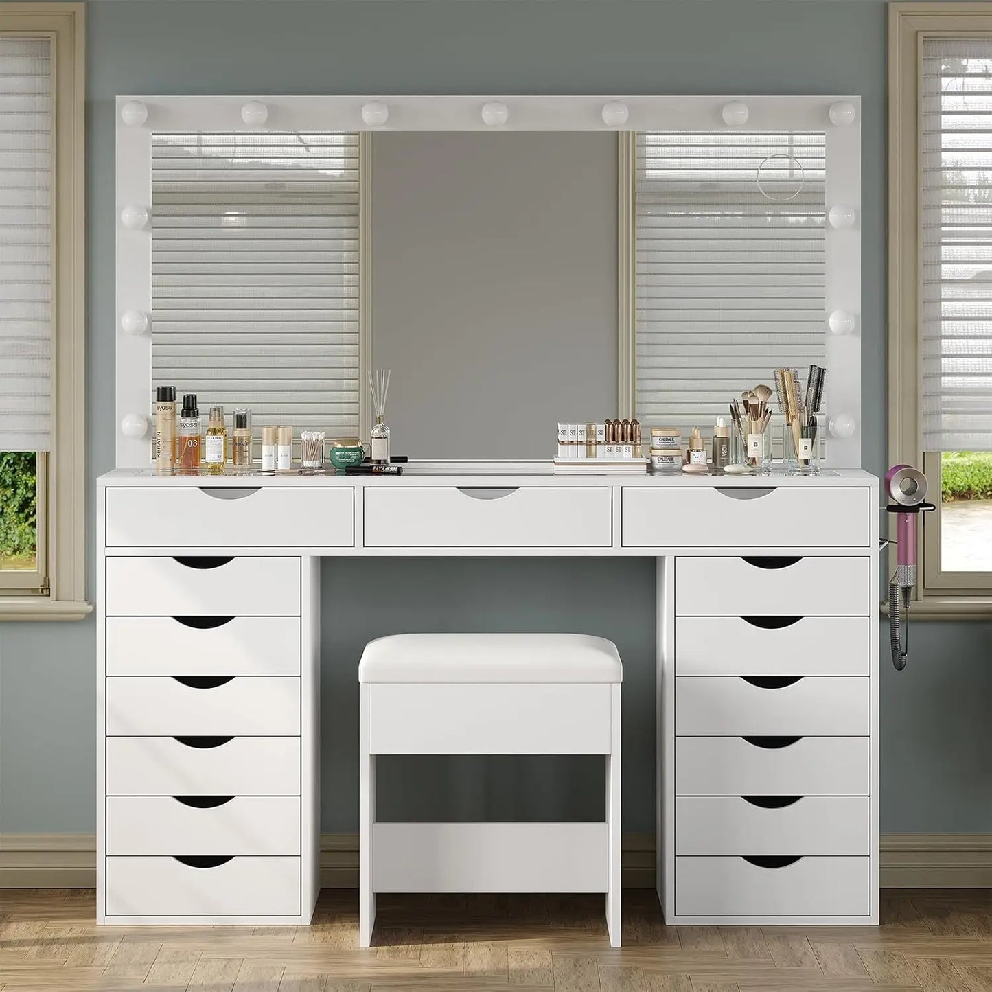 Vanity Desk With Mirror And Lights 15 Drawers Makeup Table