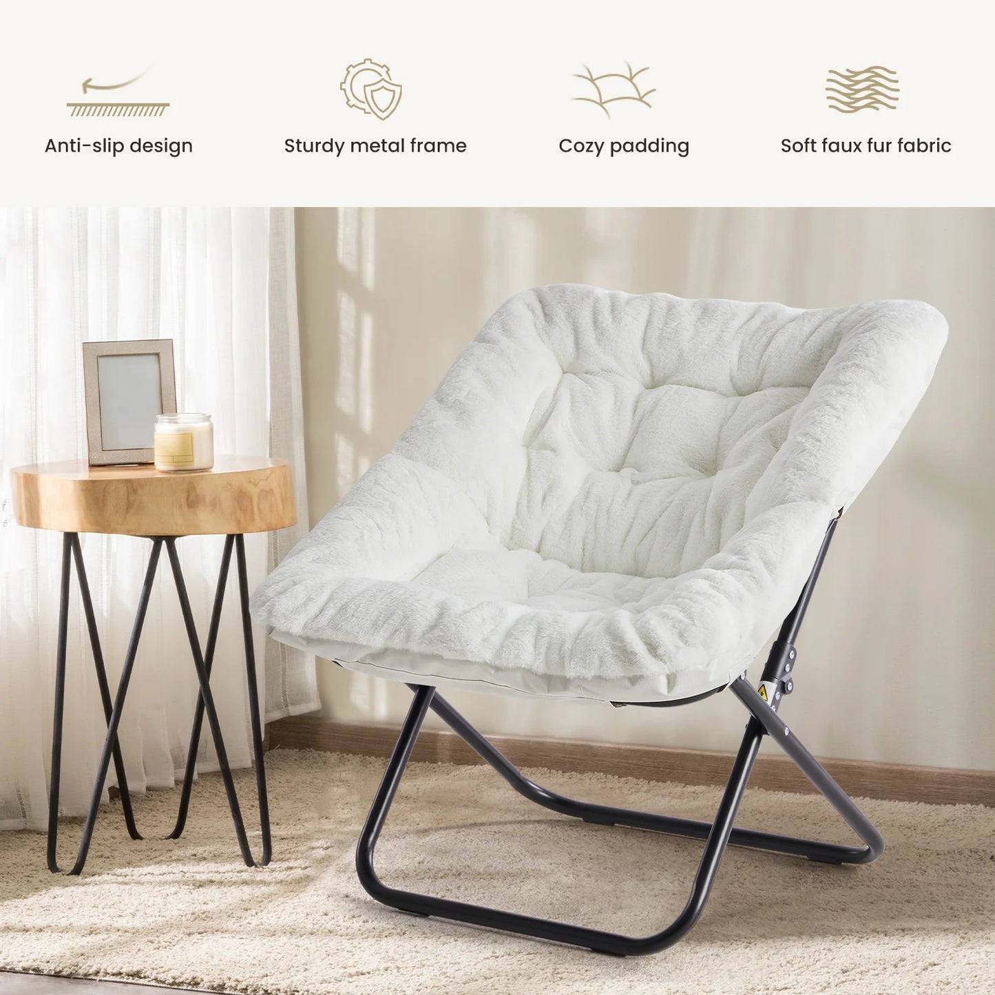 JHK Cozy Saucer Chair With Faux Fur Padded Seat Folding