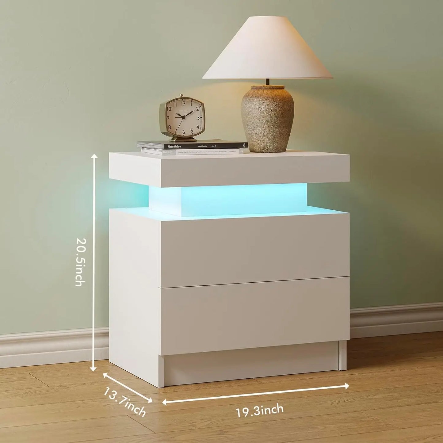 Modern White LED Nightstand With Two Wood Drawers Bedside Table