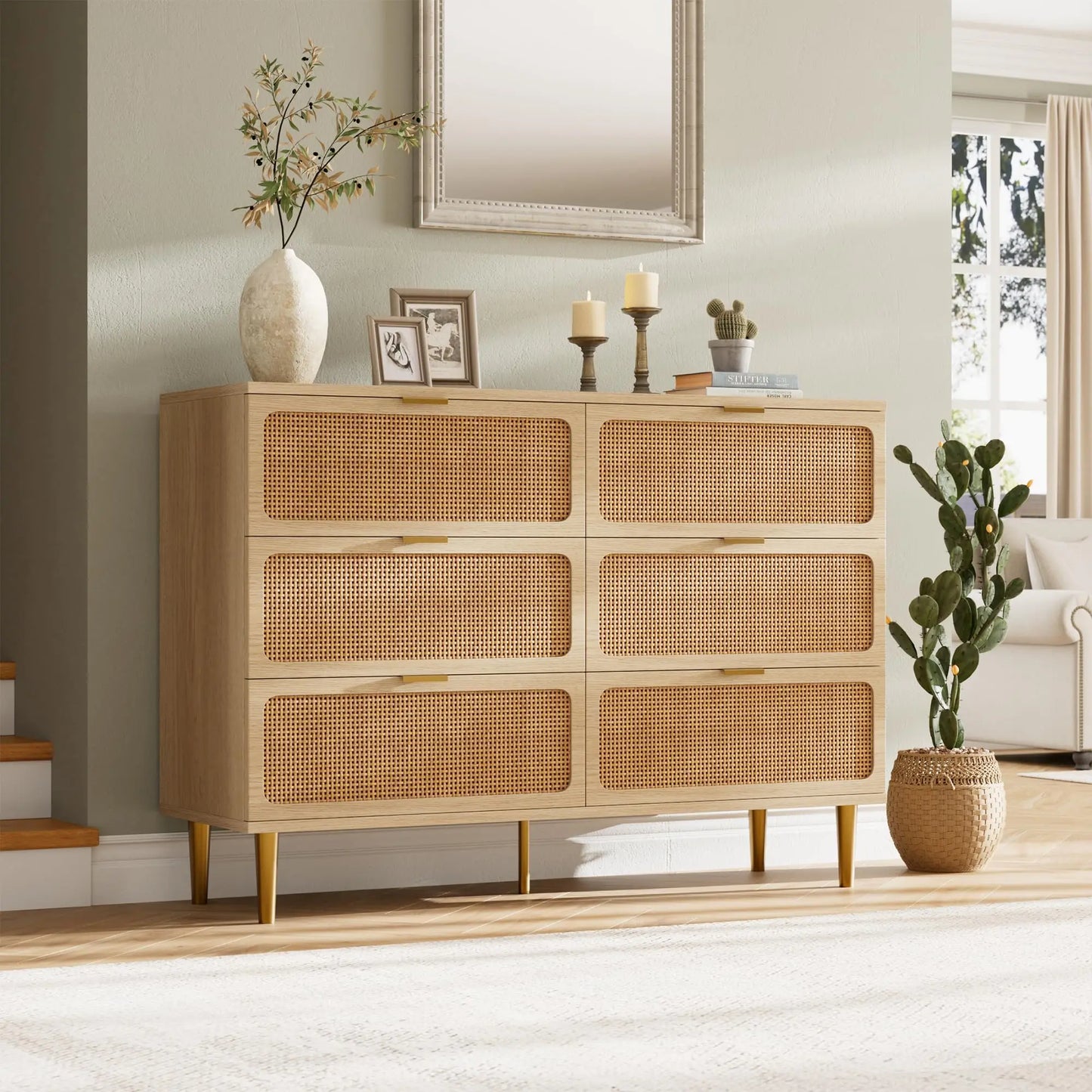 HiMISS 6 Drawer Rattan Dresser Handwoven Wood Storage Cabinet