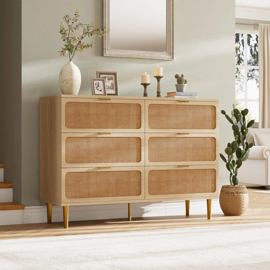 HiMISS 6 Drawer Rattan Dresser Handwoven Wood Storage Cabinet