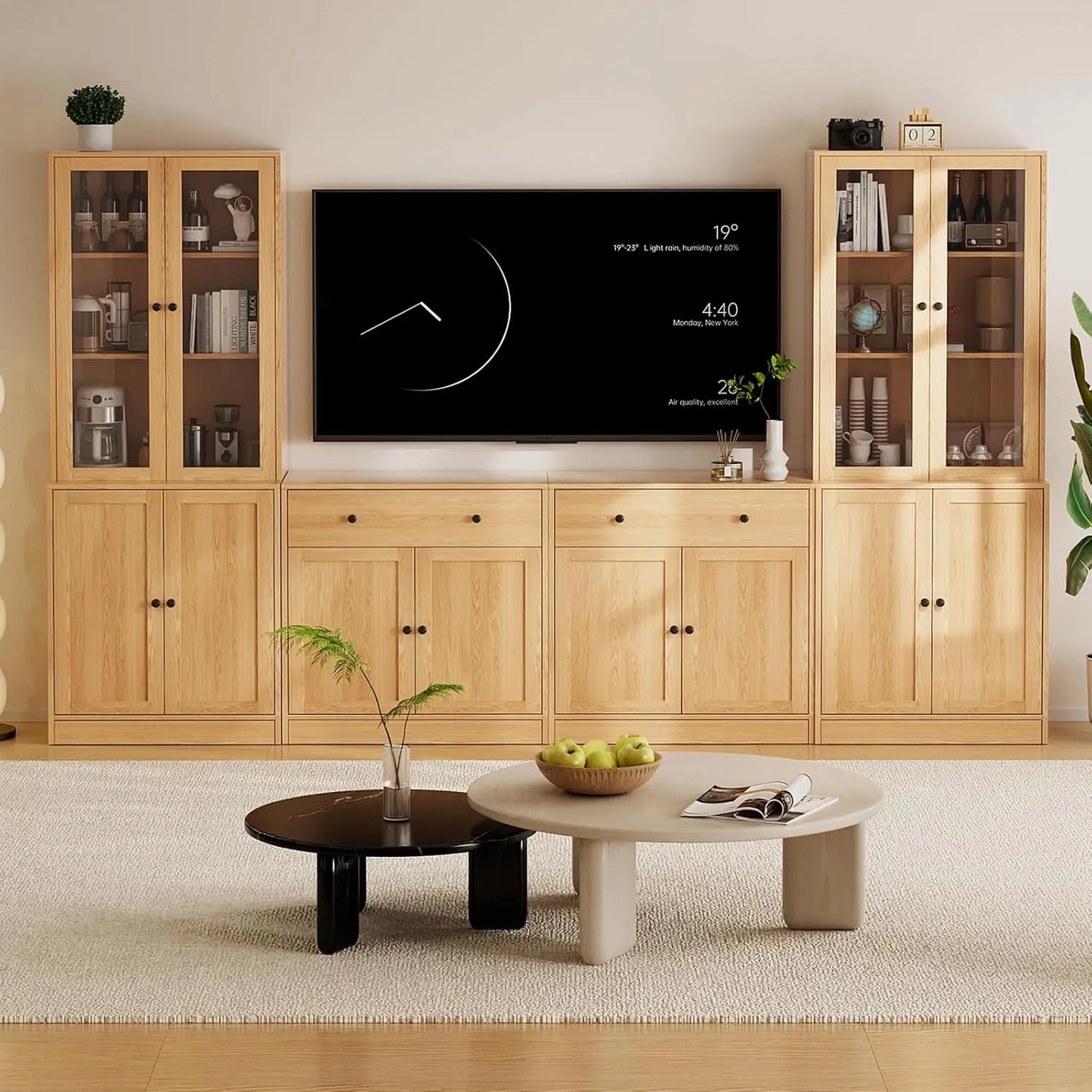 HUANZHUANG TV Console Storage With Glass And Wood Doors