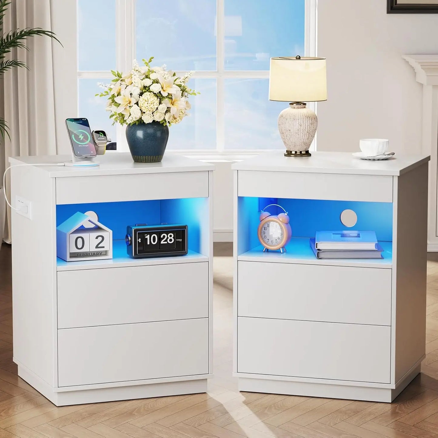 2Pc Nightstand Hidden Compartment USB Type-C Charging Locking Gun Drawer LED Modern Bedroom Office Brown Customized