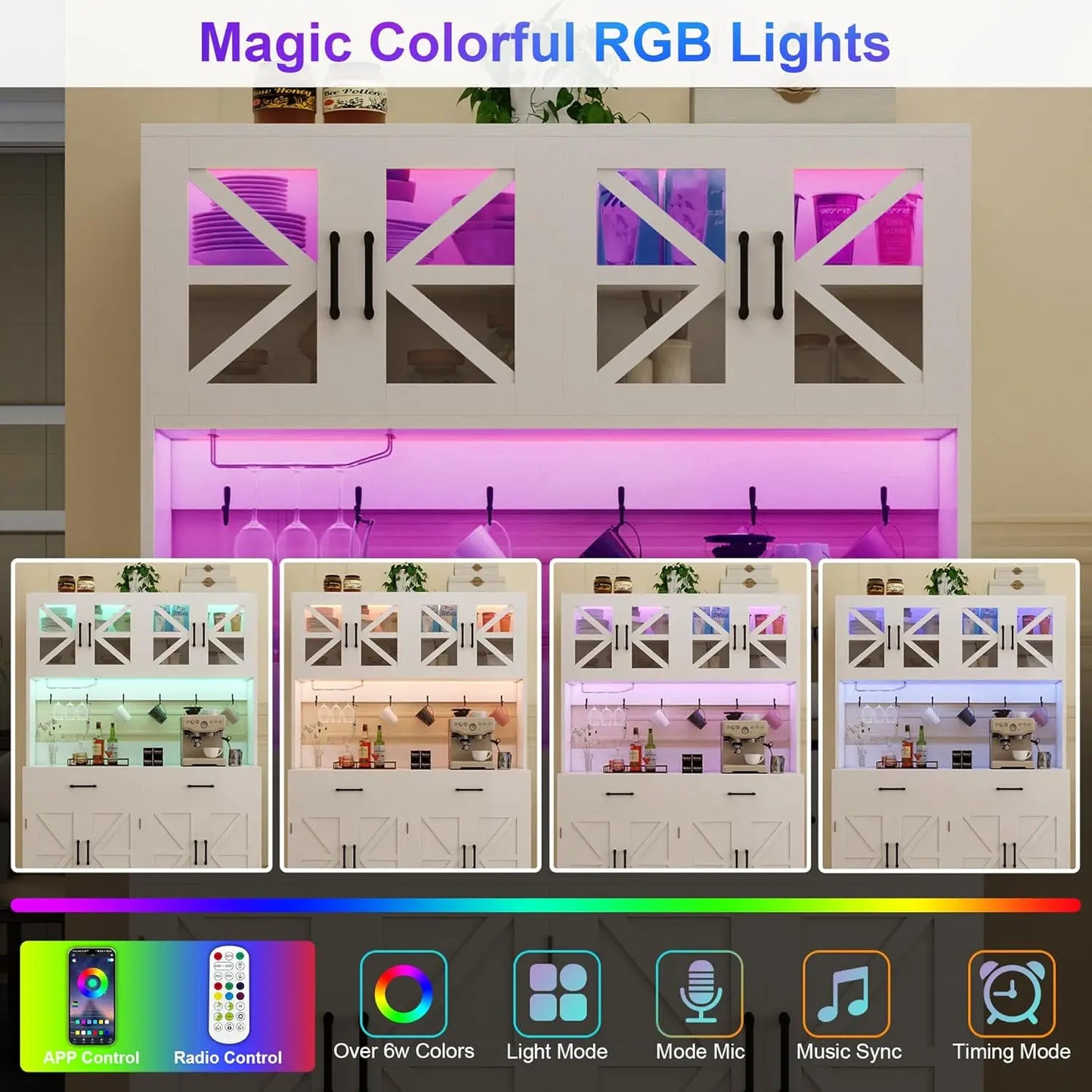 MOYU Kitchen Hutch With LED Lights And Power Outlet Cabinet