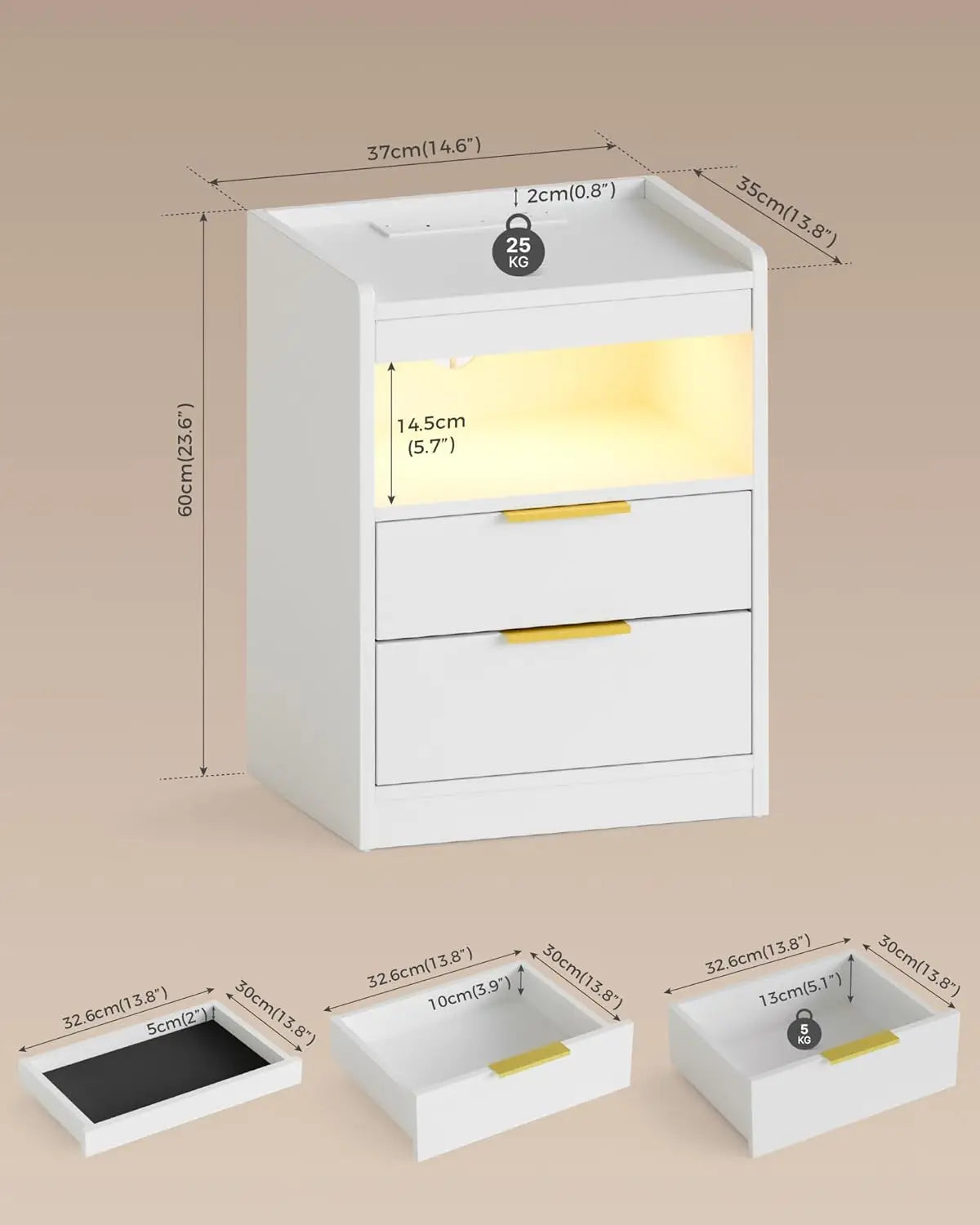 White LED Nightstand Hidden Compartment USB Type-C Charging 3 Drawers Bedroom Office 13.8x15.7x23.6 inch, Customized