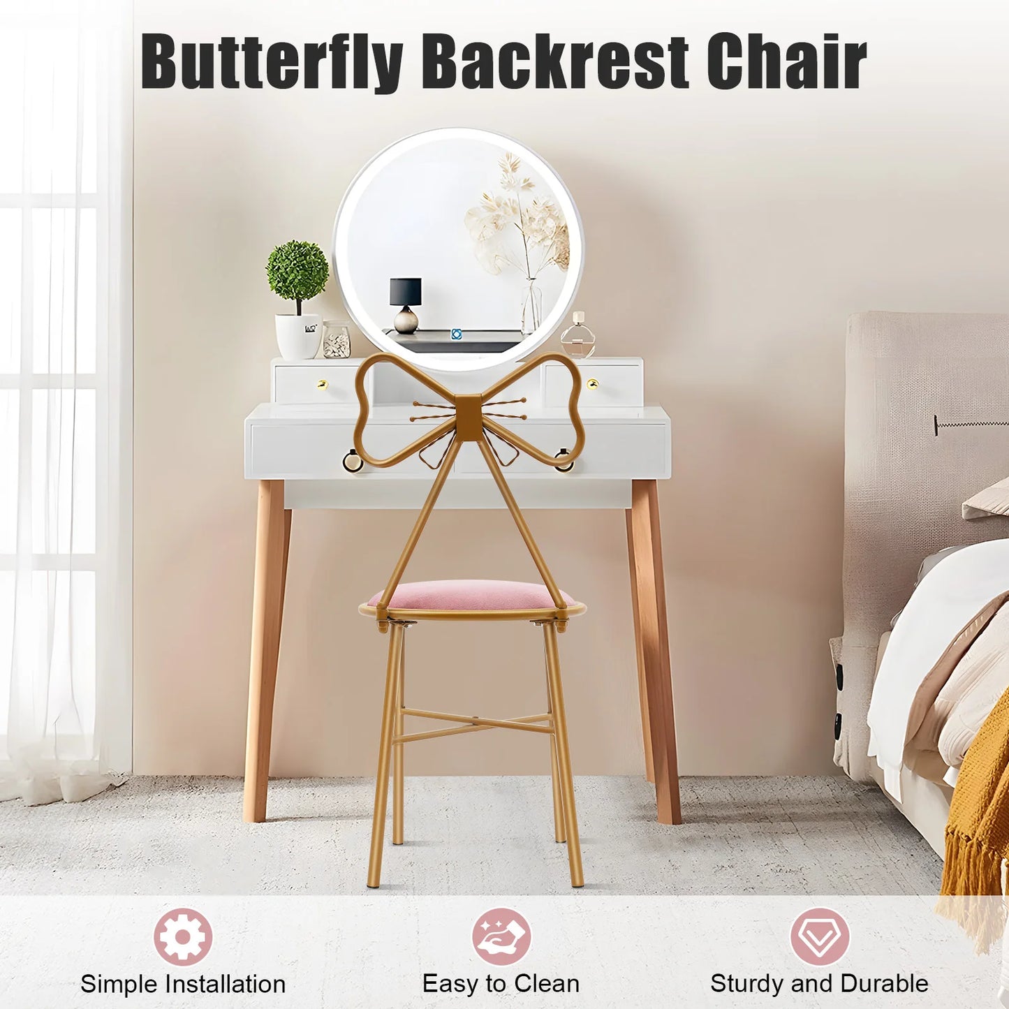 Bymaocar Butterfly Backrest Chair Iron Vanity Stool for Home