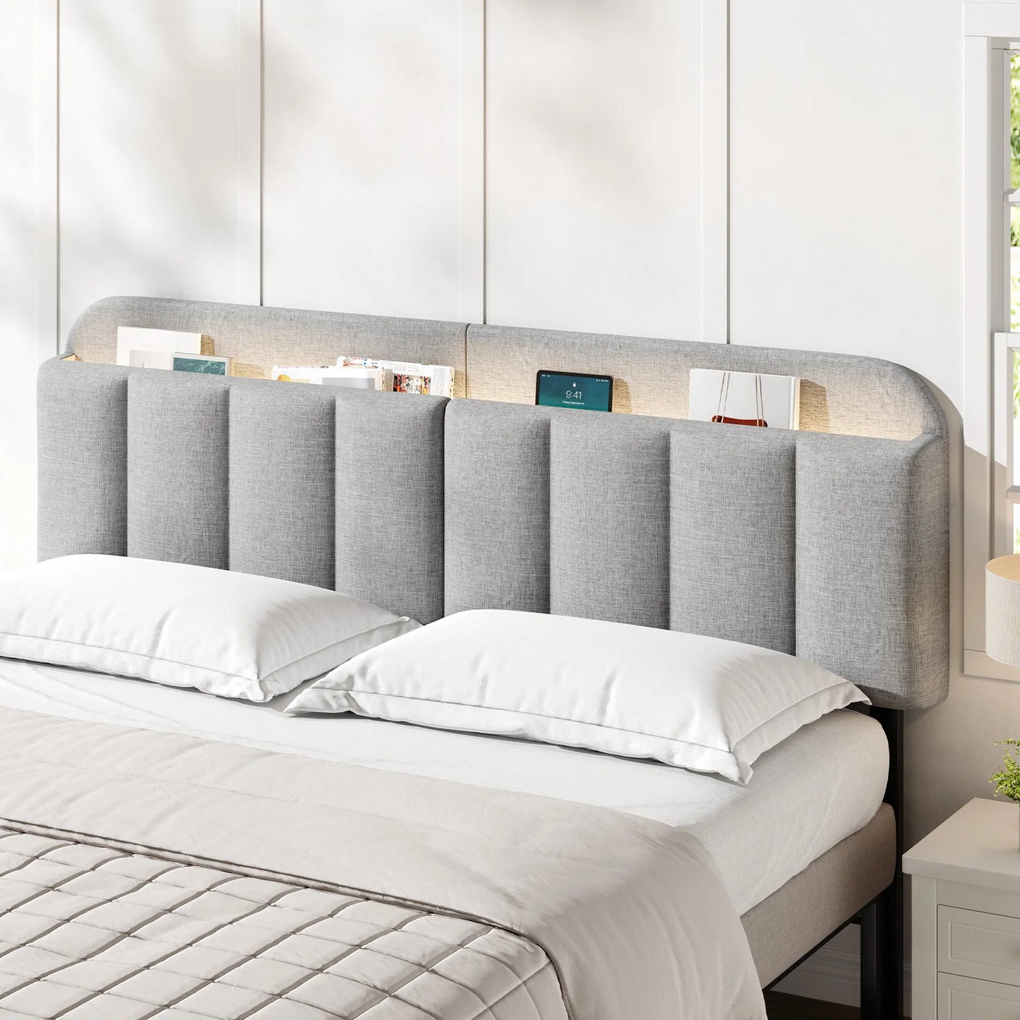 ONBRILL Adjustable Headboard With Linen Fabric Storage And RGB LED